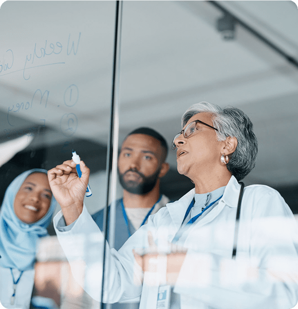 Healthcare, glass and woman writing, staff and brainstorming for procedure, diagnosis and research. Medical professionals, leader and teamwork to share ideas, medicine development and conversation